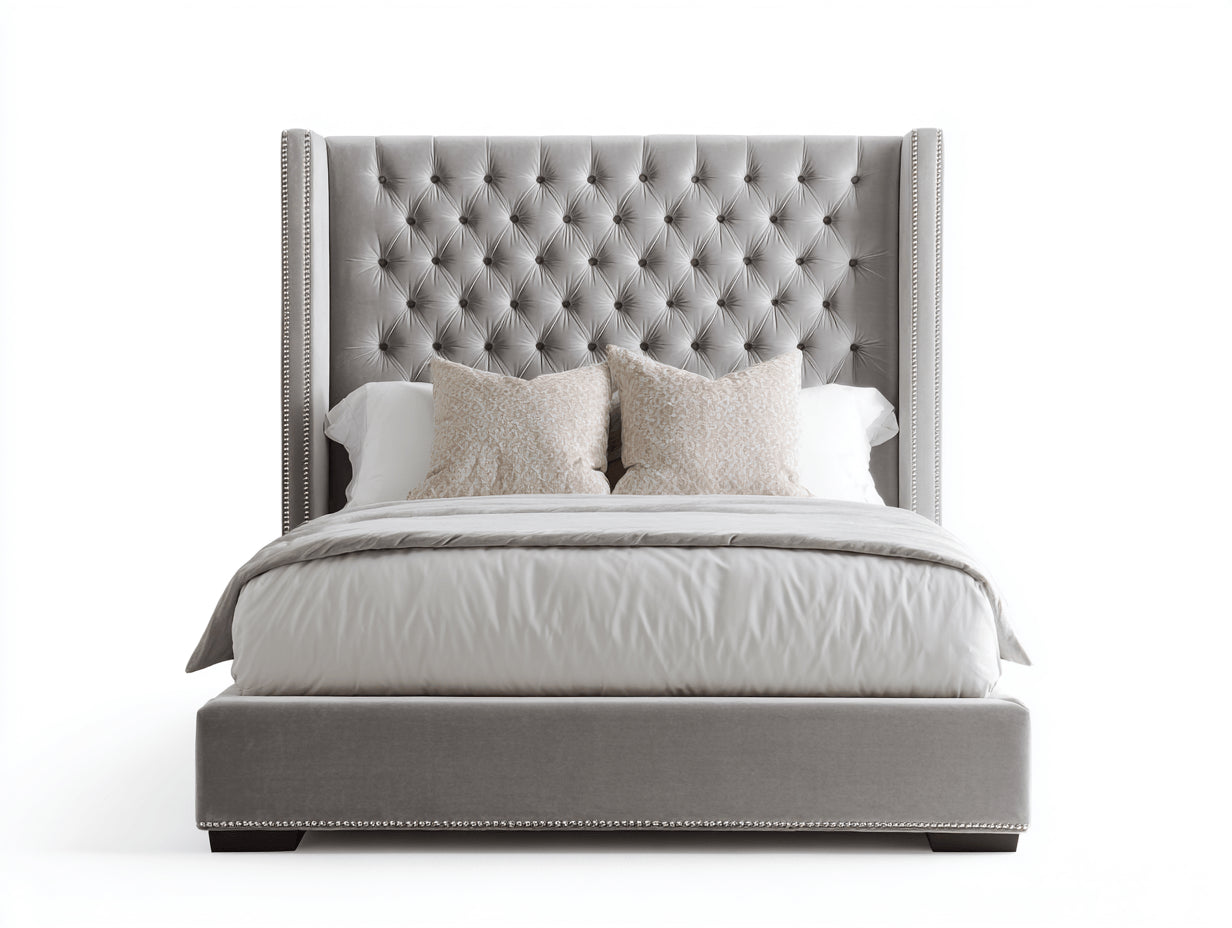 Doppelbett mit grauem Samtbezug 206 x 225 x 150 cm - Hohes Chesterfield-Kopfteil - Elegantes Flügeldesign