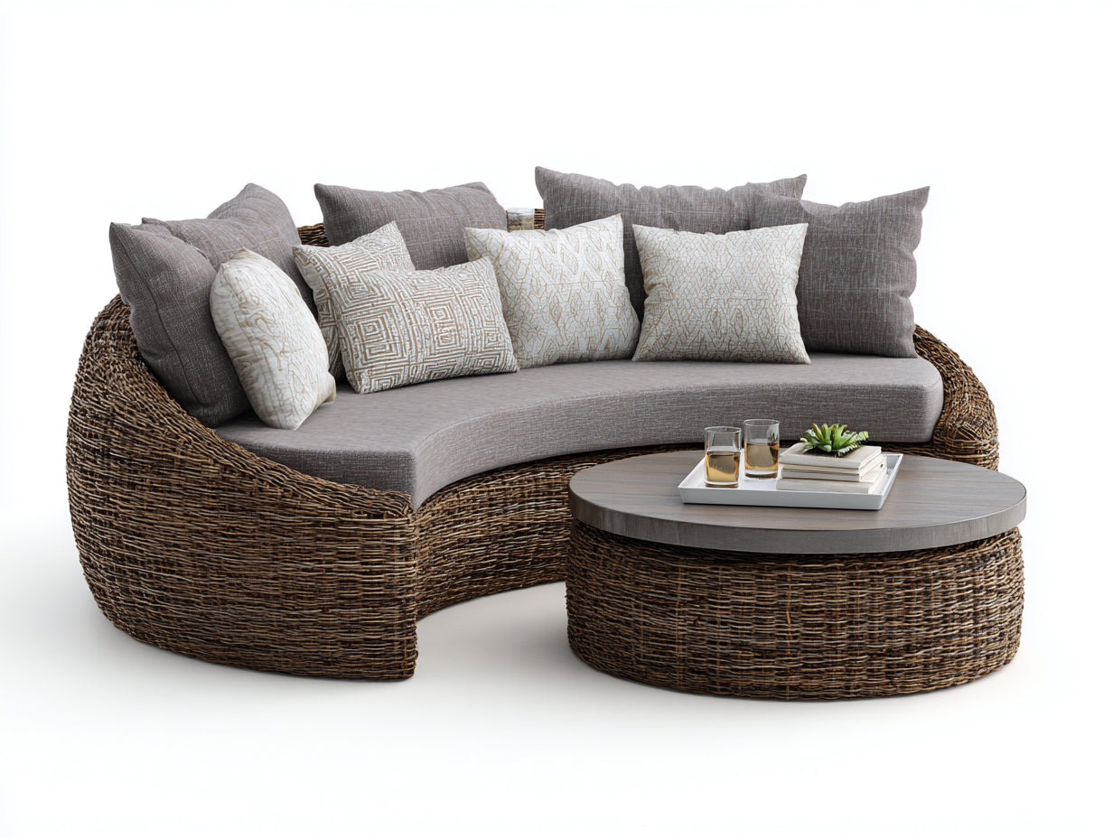 Gartensofa Set aus Polyrattan - Braun und Grau - ca. 220 x 135 x 80 cm - Geschwungenes Design mit rundem Gartentisch