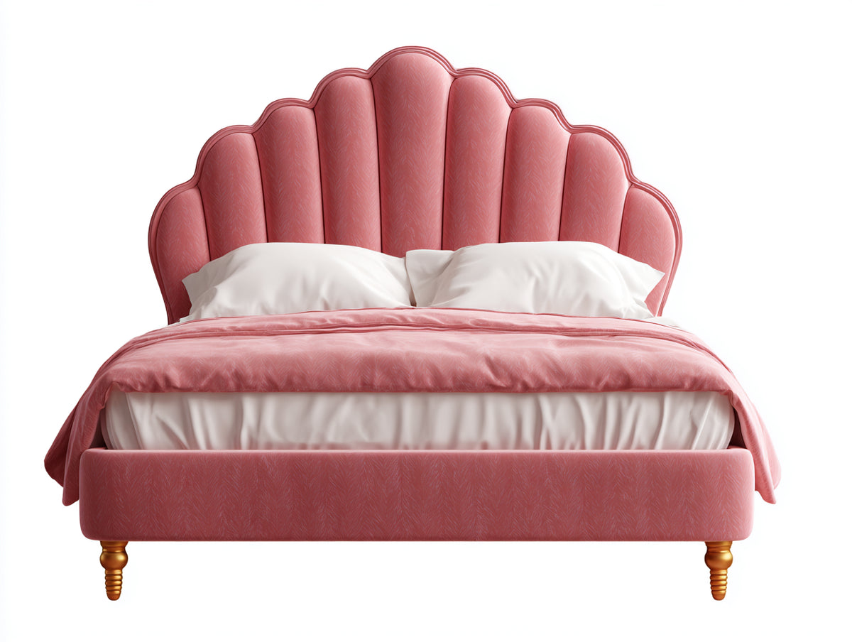 Doppelbett mit Textilbezug 220 x 220 x 130 cm - Rosa und Goldfarben - Gepolstertes Fächerkopfteil