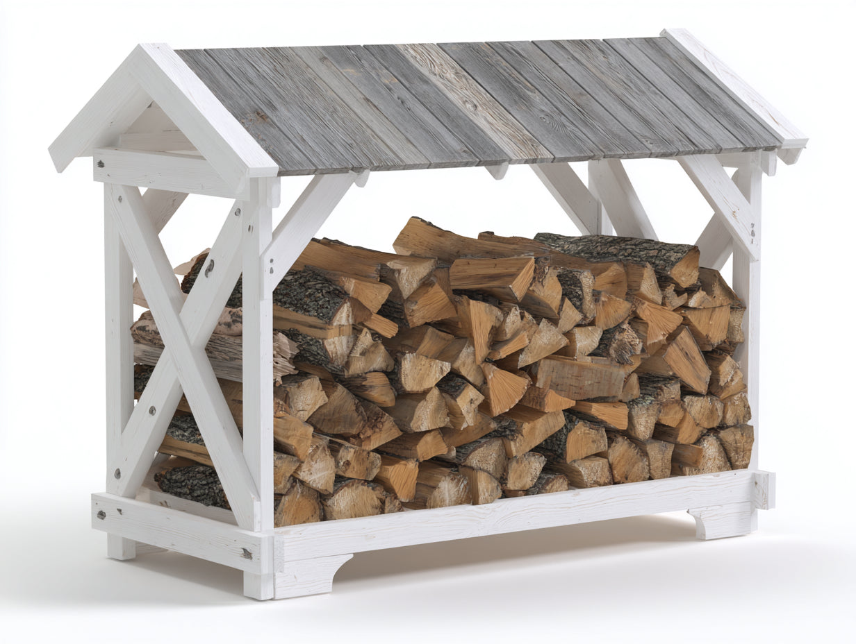 Kaminholzregal aus weiß lasiertem Holz 180 x 65 x 145 cm - Graues Satteldach - Offenes Landhausdesign