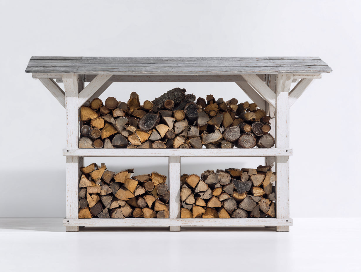 Kaminholzregal aus Holz - Antikweiß und Grau - ca. 180 x 60 x 150 cm - Überdachtes Landhaus Design mit 3 Lagerbereichen für Garten und Terrasse