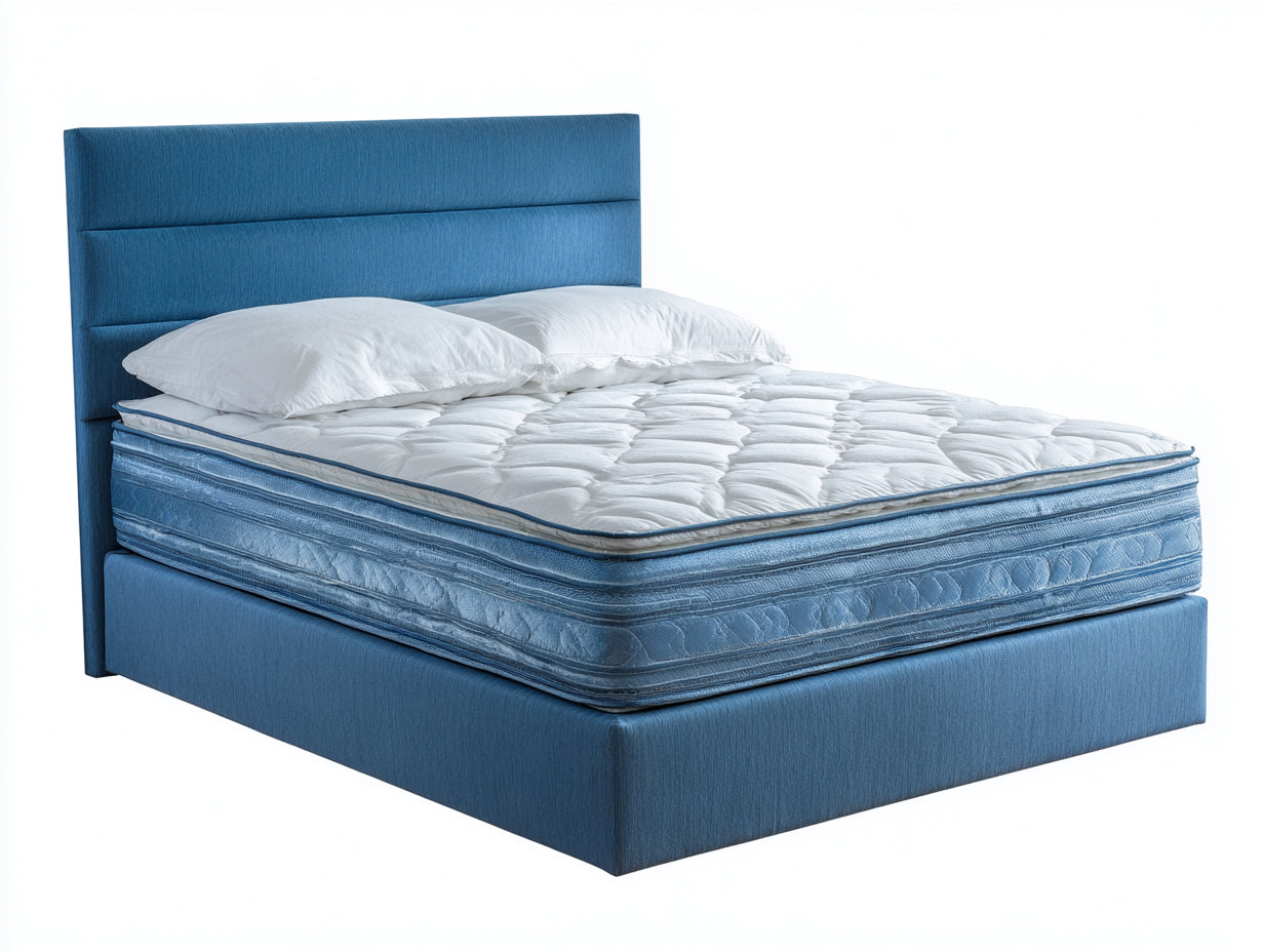 Doppelbett mit Textilbezug 220 x 220 x 130 cm - Blau - Gepolstertes Kopfteil mit horizontaler Steppung