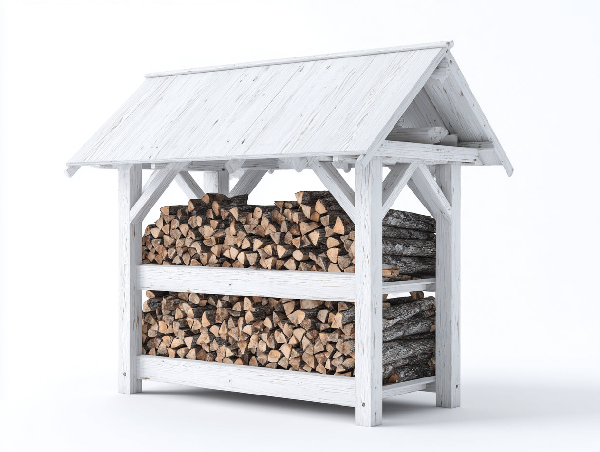 Kaminholzregal aus Holz 160 x 75 x 185 cm - Weiß - Zweistöckig mit Satteldach