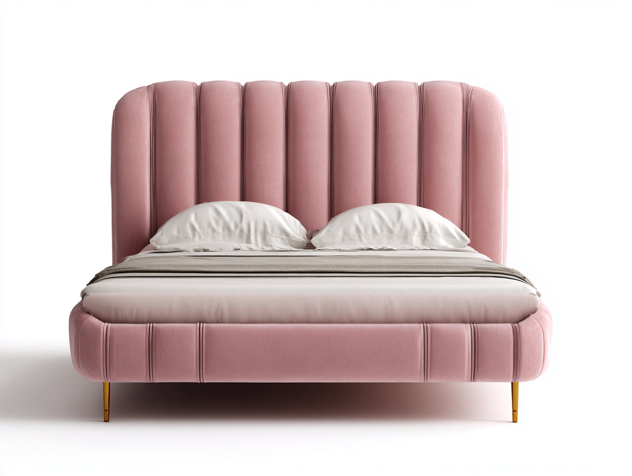 Doppelbett mit Polsterbezug in Samtoptik - Rosa und Goldfarben - ca. 215 x 190 x 130 cm - Modernes Design mit vertikal gestepptem Kopfteil