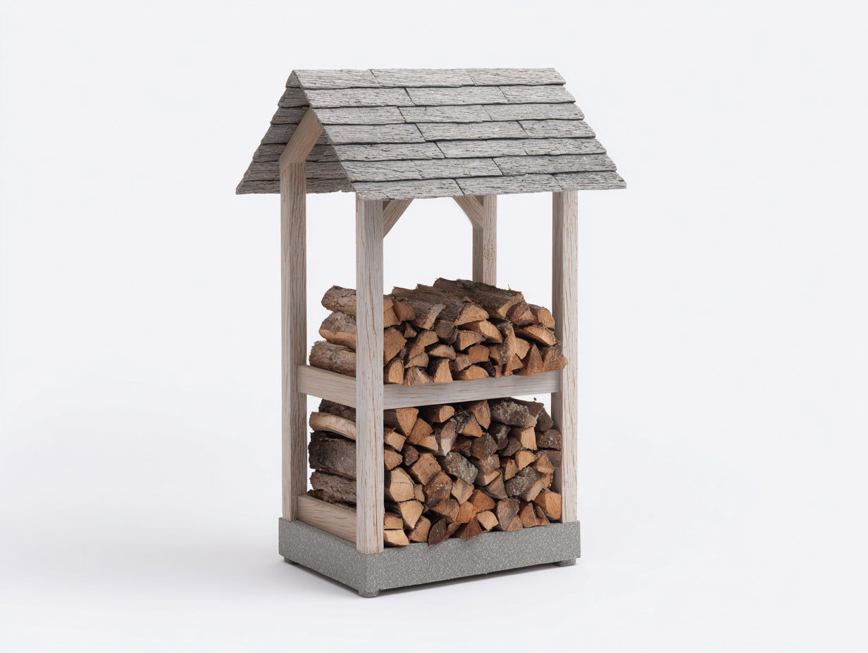 Kaminholzregal aus Holz - Antikweiß und Grau - ca. 92 x 72 x 178 cm - Überdachtes Design mit 2 Lagerfächern für Garten und Terrasse