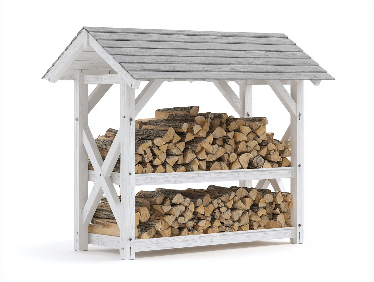 Kaminholzregal aus Holz 180x75x175 cm - Weiß und Grau - zweistufige Ausführung mit Satteldach