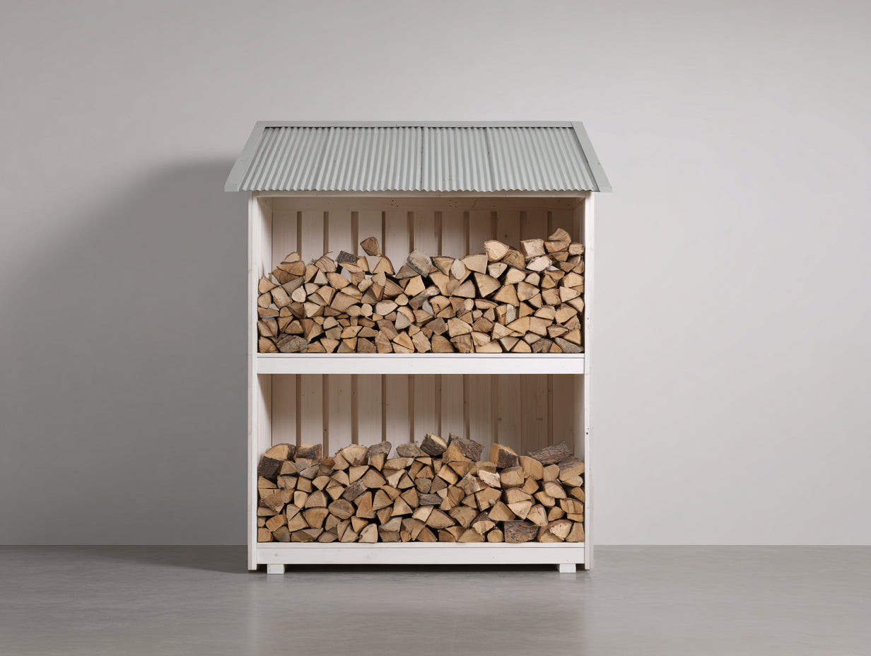 Kaminholzregal aus Holz 130 x 55 x 190 cm - Weiß und Grau - Zweistöckig mit geneigtem Wellplattendach