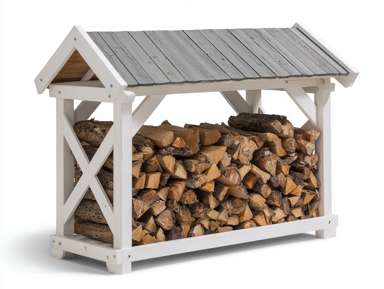 Kaminholzregal aus Holz - Weiß und Grau - ca. 165 x 72 x 138 cm - Überdachtes Landhaus Design für Garten Terrasse und Hof
