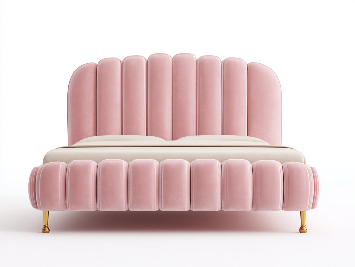 Doppelbett mit Samtpolsterung 220 x 190 x 125 cm - Rosa Gold - Muschelförmiges Kopfteil für modernes Schlafzimmer