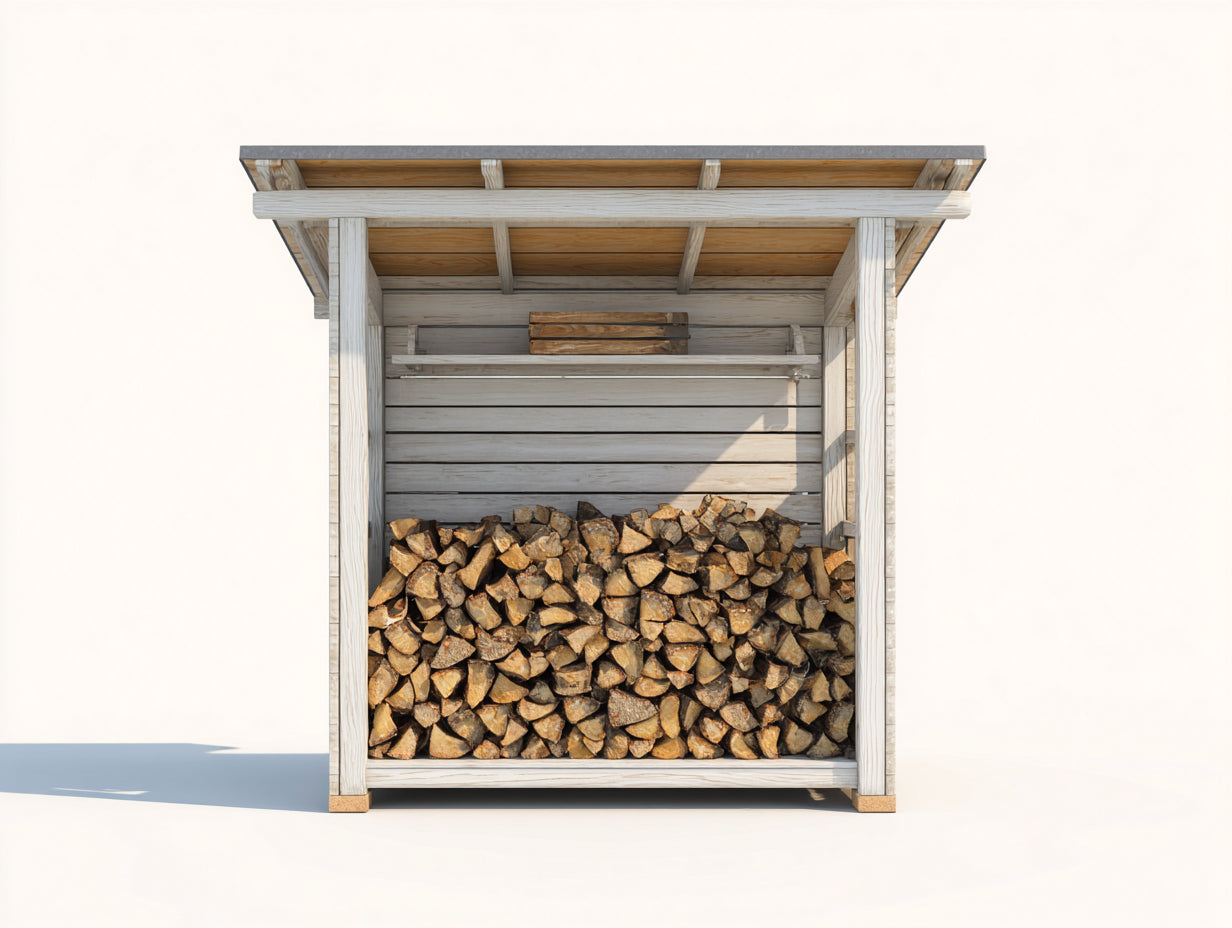 Kaminholzregal aus weiß lasiertem Holz 160 x 70 x 190 cm - Großes Lagerfach - Pultdach im Landhausstil