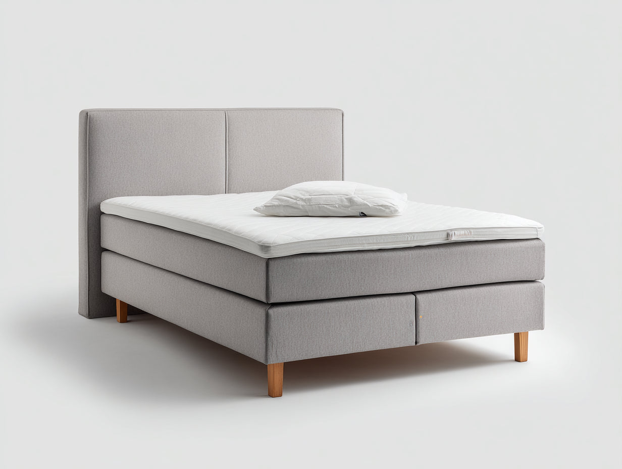 Doppelbett mit Stoffpolsterung und Boxspringaufbau 210 x 180 x 115 cm - Hellgrau Naturholz - Gepolstertes Kopfteil für Schlafzimmer