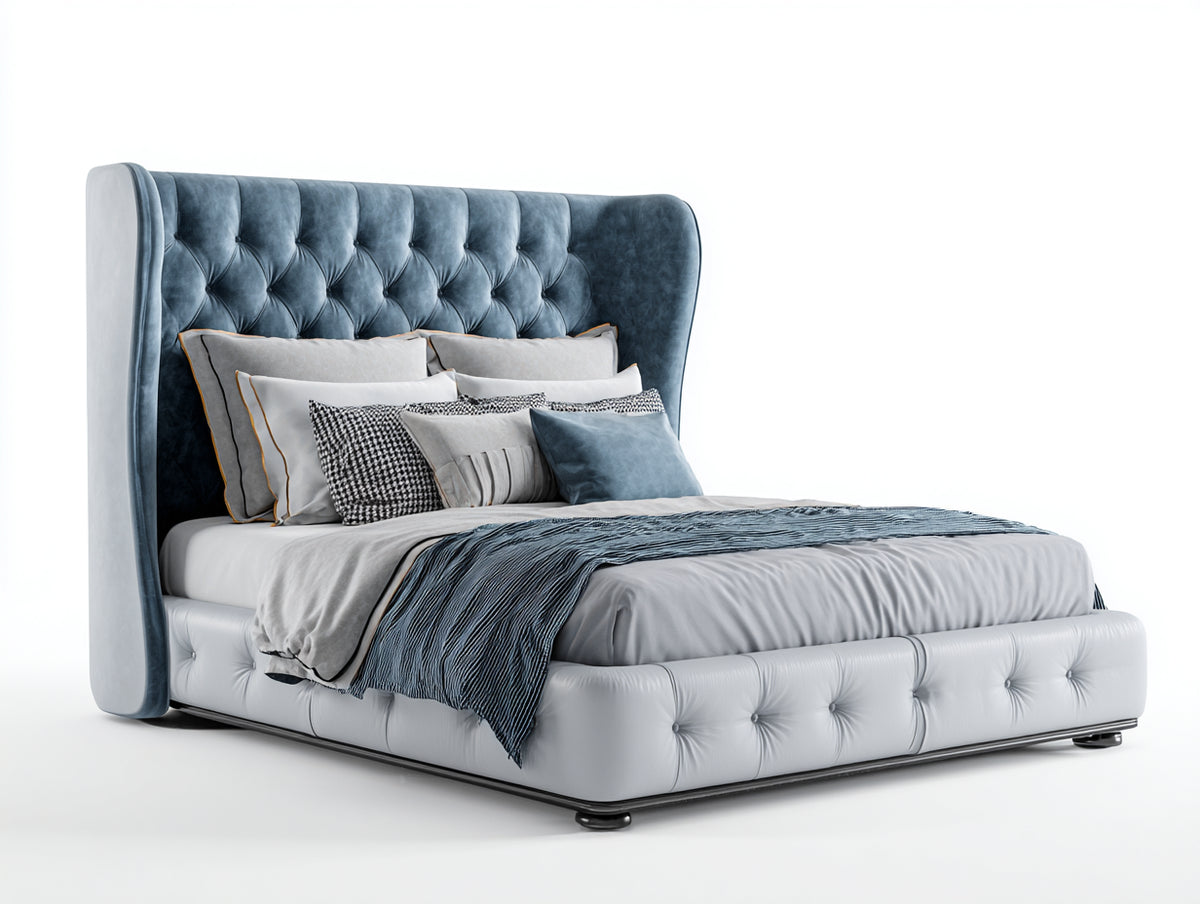 Doppelbett mit Polsterbezug - Blau und Hellgrau - ca. 220 x 202 x 145 cm - Chesterfield Design mit hohem Flügelkopfteil für Schlafzimmer