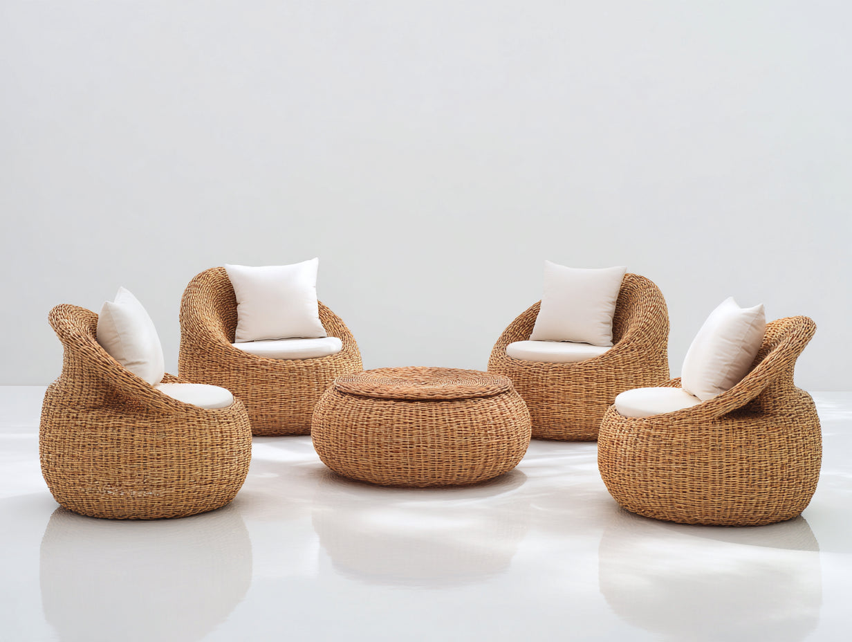 Gartensofa-Set aus Polyrattan 78x82x88 cm - Naturbraun und Cremeweiß - 5-teilig mit vier Loungesesseln
