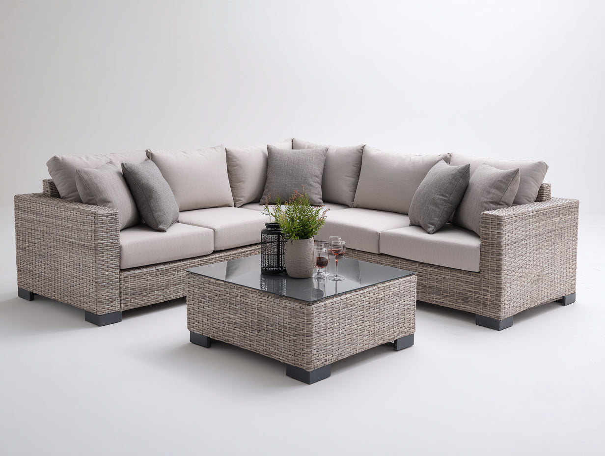 Gartensofa-Set aus Polyrattan 250x250x82 cm - Hellgrau und Cremeweiß - Eckform mit quadratischem Couchtisch