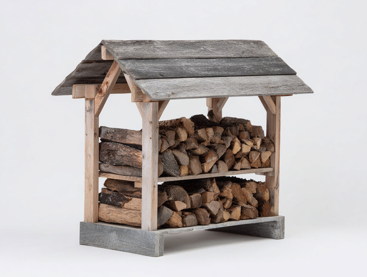 Kaminholzregal aus Holz 110x60x135 cm - Grau und Naturholz - zweistufige Ausführung mit Satteldach