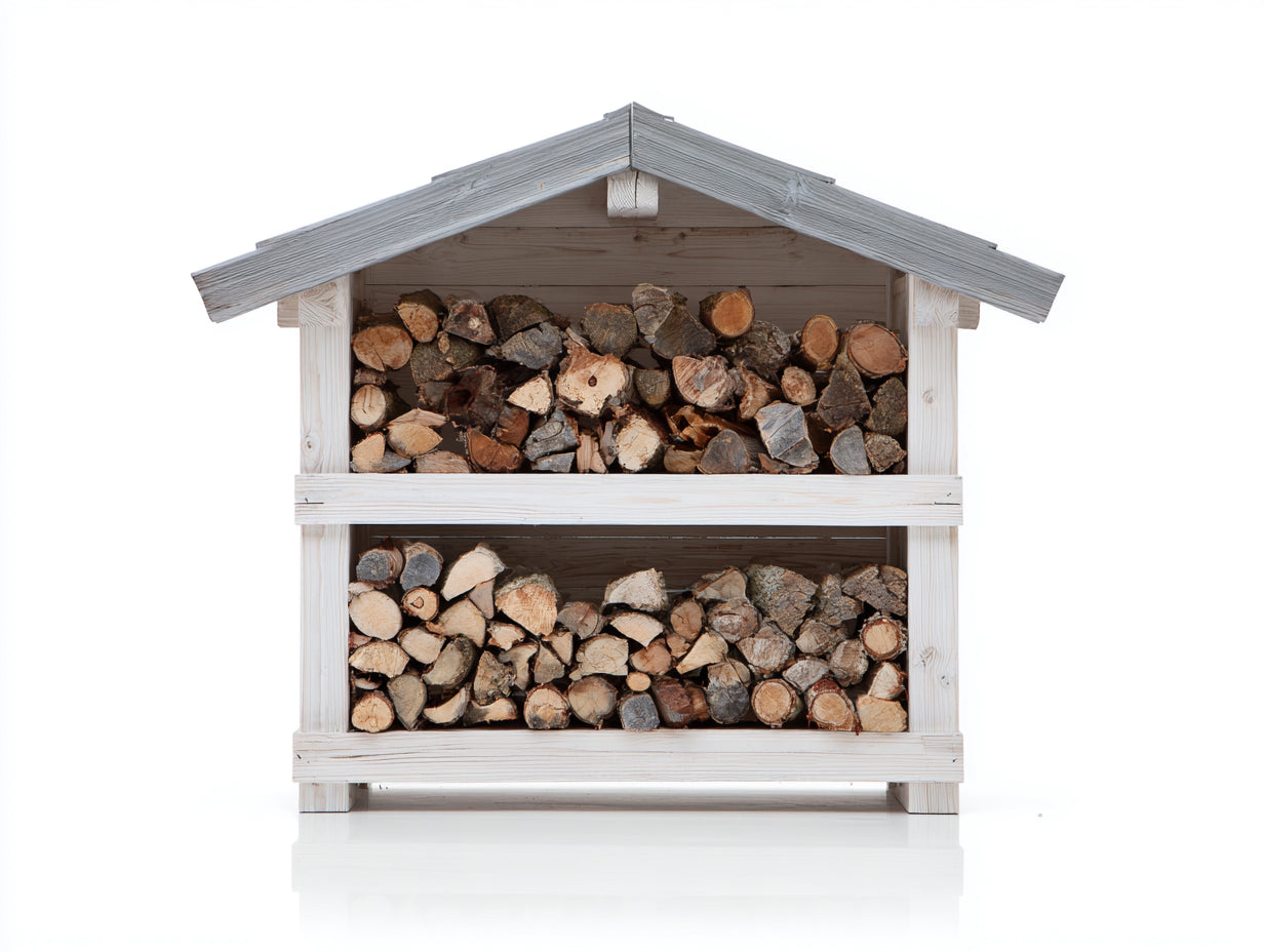 Kaminholzregal aus weiß lasiertem Holz 140 x 55 x 160 cm - 2 Lagerfächer - Satteldach im Landhausstil
