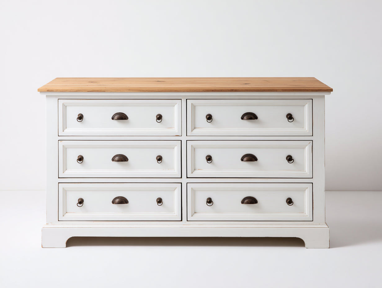 Kommode mit Schubladen aus weißem Holzwerkstoff 140 x 45 x 85 cm - 6 Schubladen - Naturholzplatte und Landhausdesign